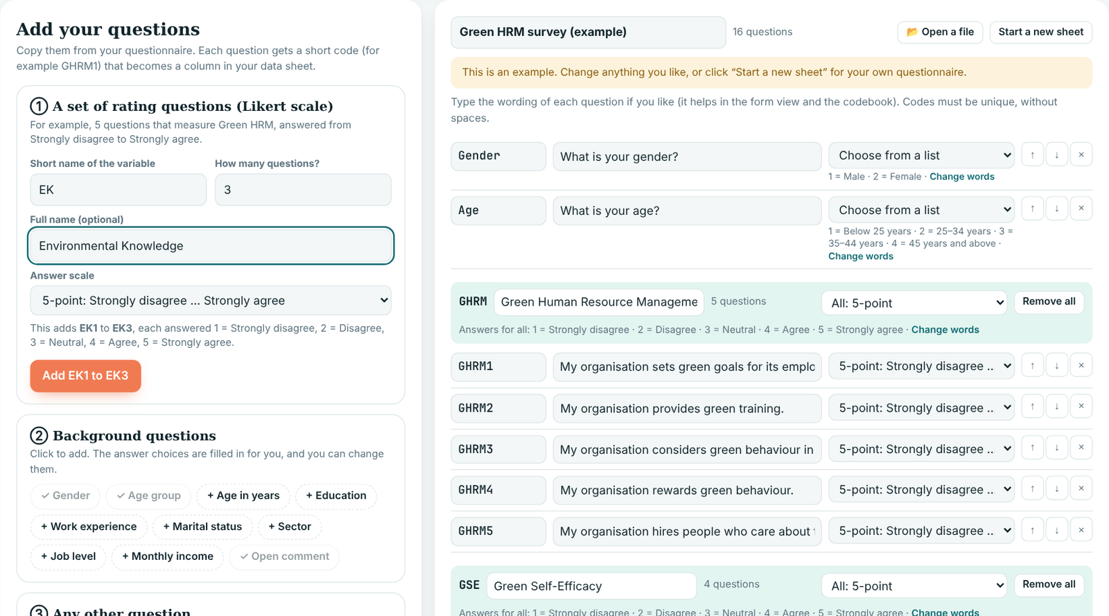 The Set up questions step: adding a set of Likert questions on the left and the question list on the right