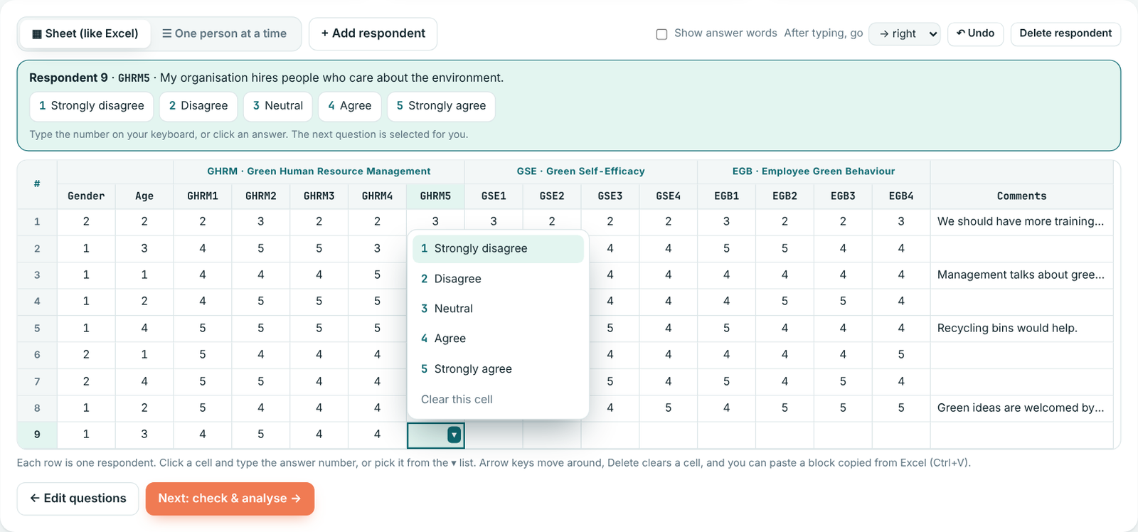 The data sheet with the answer list open on one cell