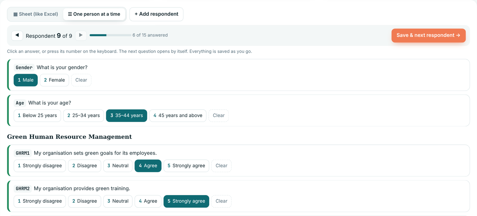 One person at a time view with large answer buttons for each question