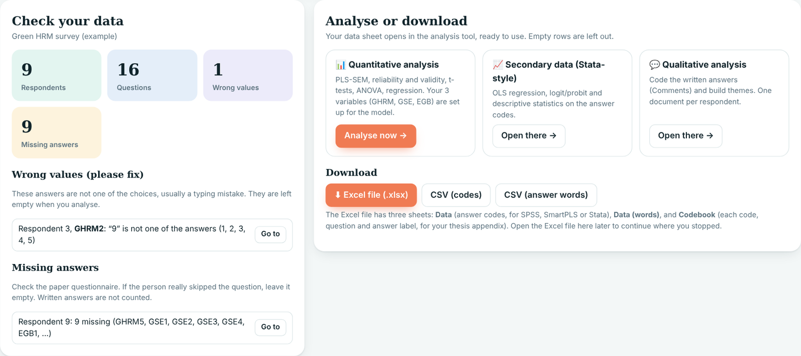 Check and analyse step with the list of problems and the analyse and download buttons