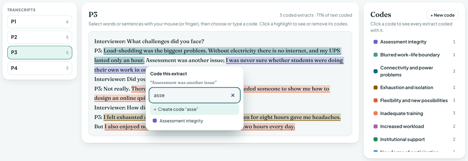 Coding a transcript: selected text and the code picker
